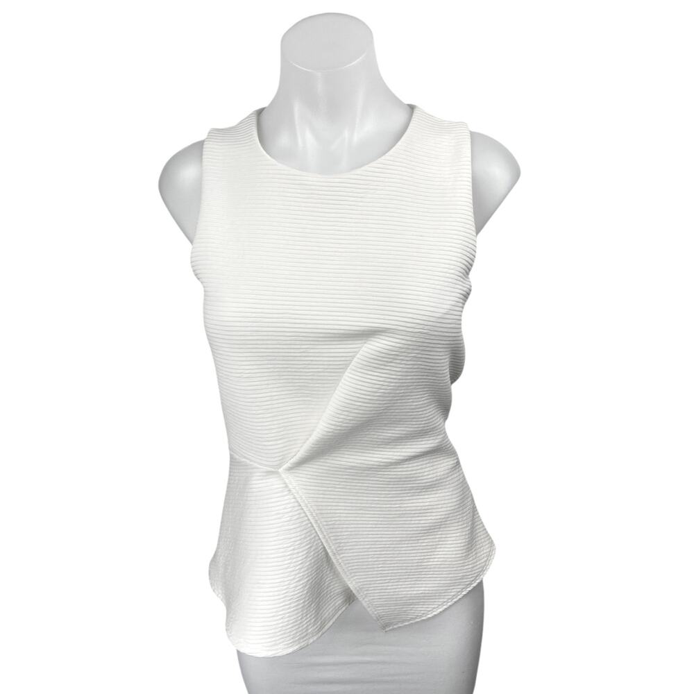 Monteau Women's White Sleeveless Ribbed Knit Zip Peplum Tank Blouse Top Size S